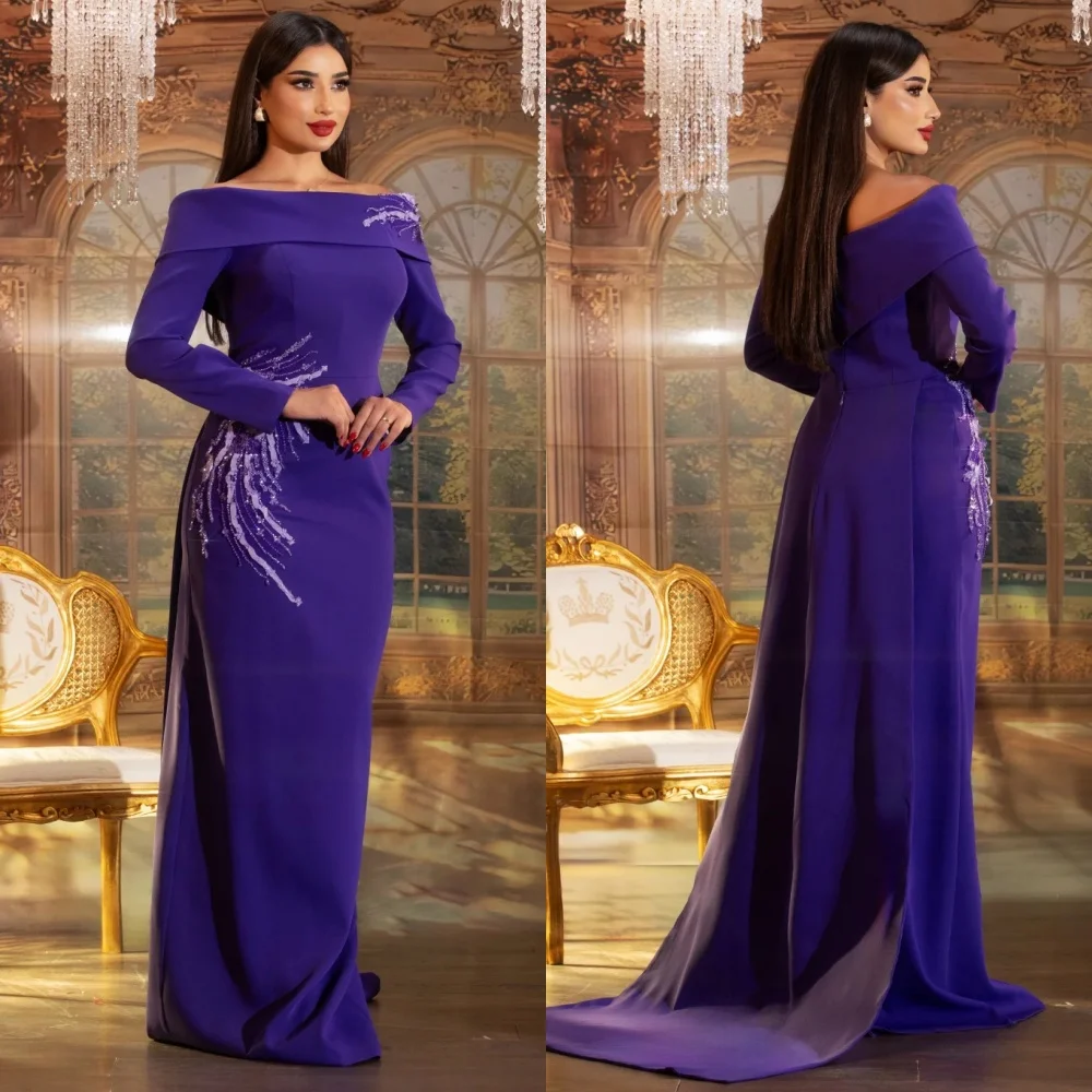 

Customized High Quality Jersey Sequined Pattern Straight Off-the-shoulder Long Dresses Bespoke Occasion Chinese Style