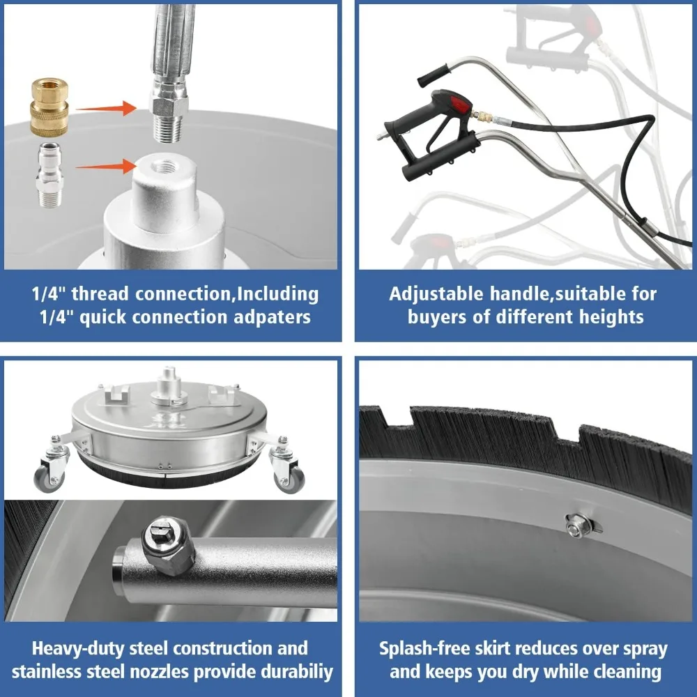 جانز 20 منظف أسطح لغسالة الضغط بأربع عجلات ومقابض مزدوجة وجسم من الفولاذ المقاوم للصدأ وأربعة فوهات بديلة، وT