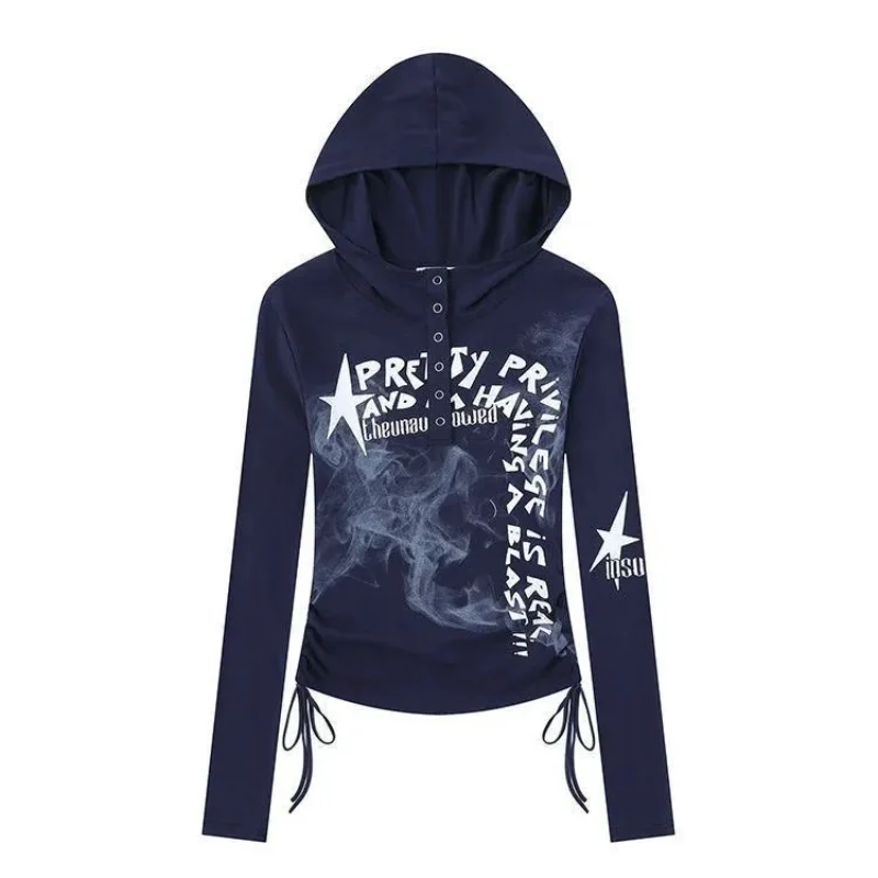 American Retro Graffiti Print Hooded T-shirt Women Bandage Drawstring Slim Fit Tops Autumn Y2k Aesthetic Street Tees