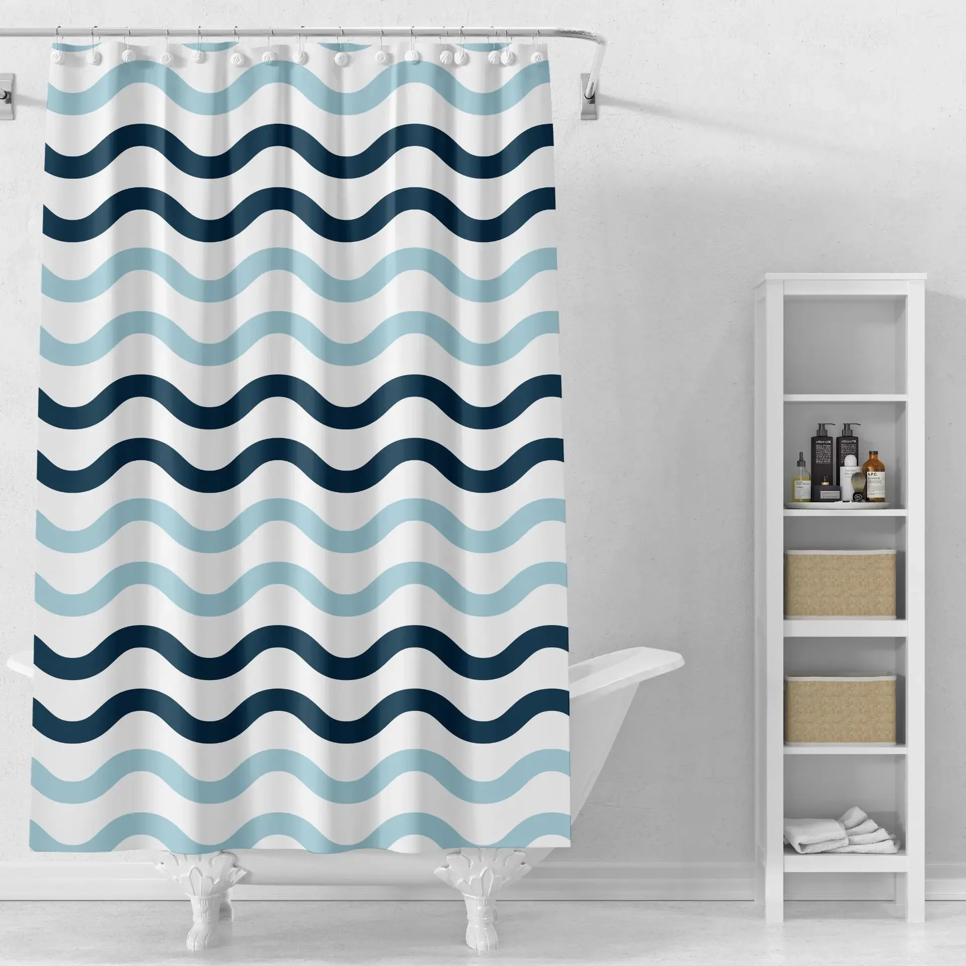 Shower Curtains Blue Two-color Wavy Pattern Bathroom Curtain Simple Design Dry-wet Separation Partition Waterproof with Hooks