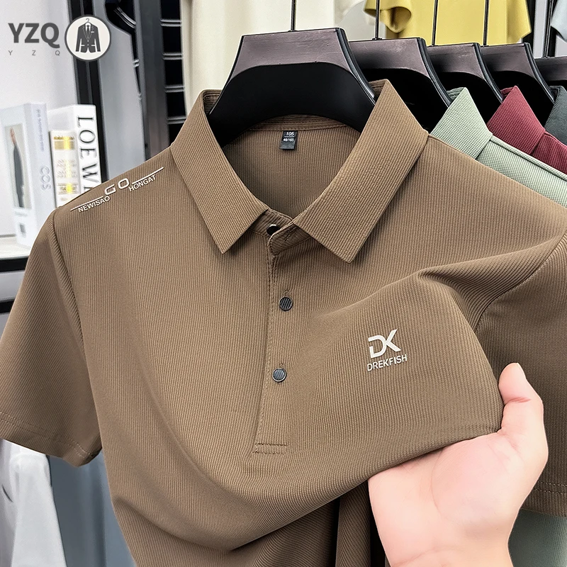 Mens Short Sleeve Lapel Collar Polo Shirt Embroidered Detail Smooth Fabric Casual Office Top For Summer Season
