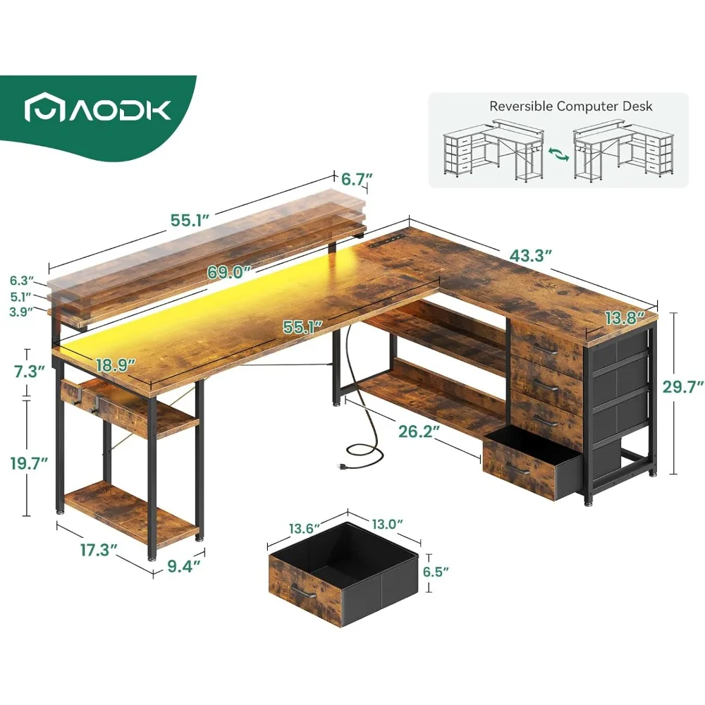مكتب ألعاب على شكل حرف L قابل للعكس مع درج ومنافذ طاقة وأضواء LED للاستخدام المنزلي والمكاتب #3