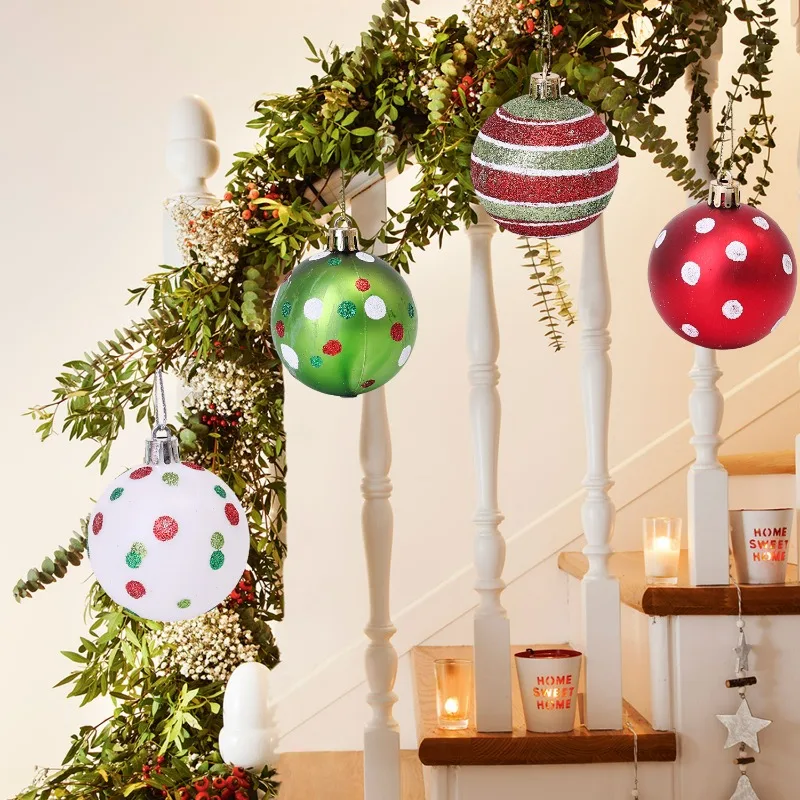 6-30Pcs Red Green Christmas Ball Ornaments Glittering Plastic Hanging Decorations White Spiral Spot Painting Balls for Xmas Tree