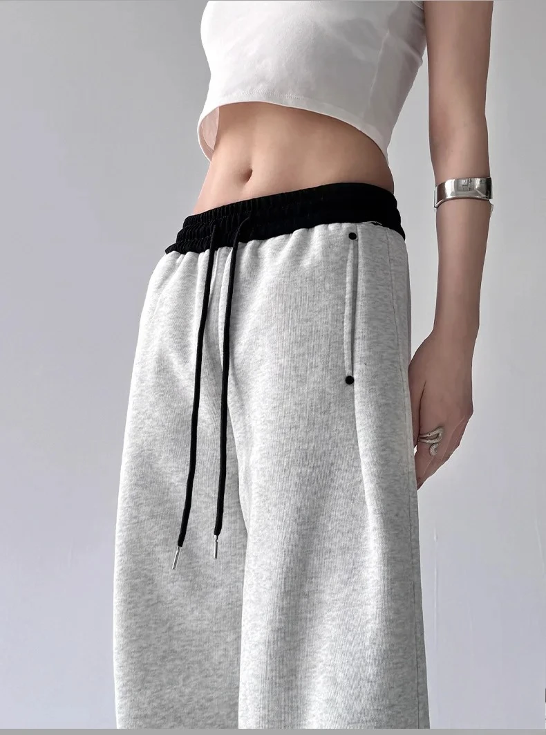 المرأة مرونة الخصر واسعة الساق السراويل عالية الخصر فضفاضة تناسب السراويل المرقعة الشارع نمط عارضة الأزياء #3