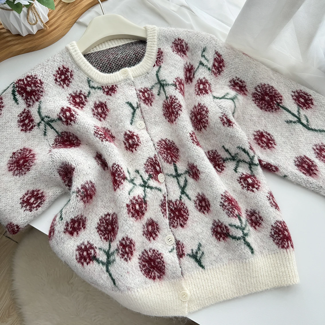 스웨터 코트 한국 디자인 Y2K 여성용 스웨터 가을 겨울 민들레 프린트 루즈 오픈 스티치 라운드 넥 니트 점퍼