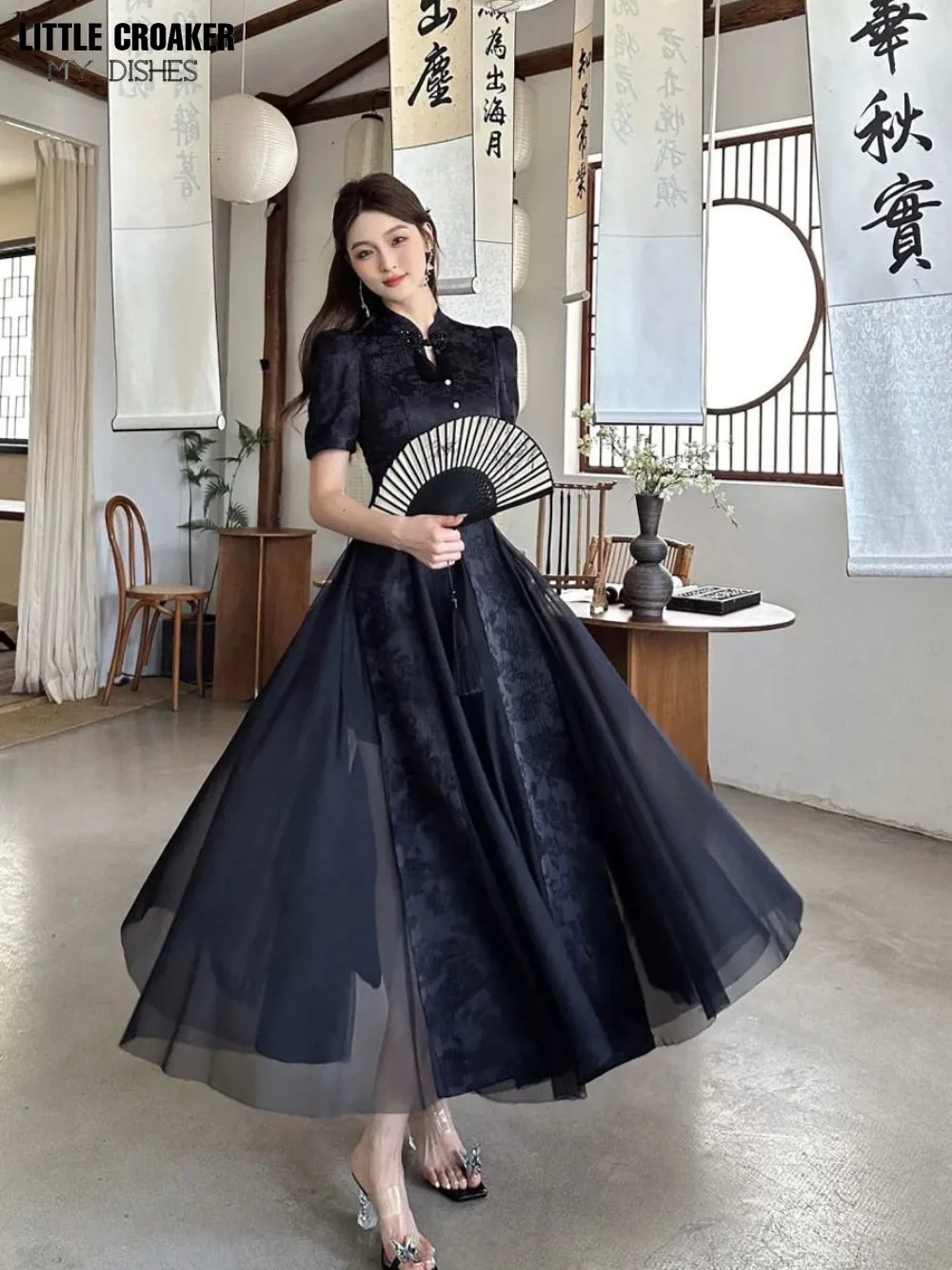 Qipao-Robe Noire Élégante à la Mode pour Femme, Style Chinois, Nouvelle Collection Été