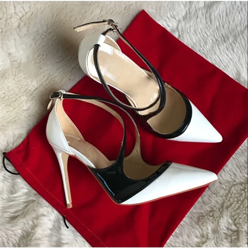 

New white color blocked cross strap high heels for women, slim heels, pointed toes, sexy temperament, party women's shoes