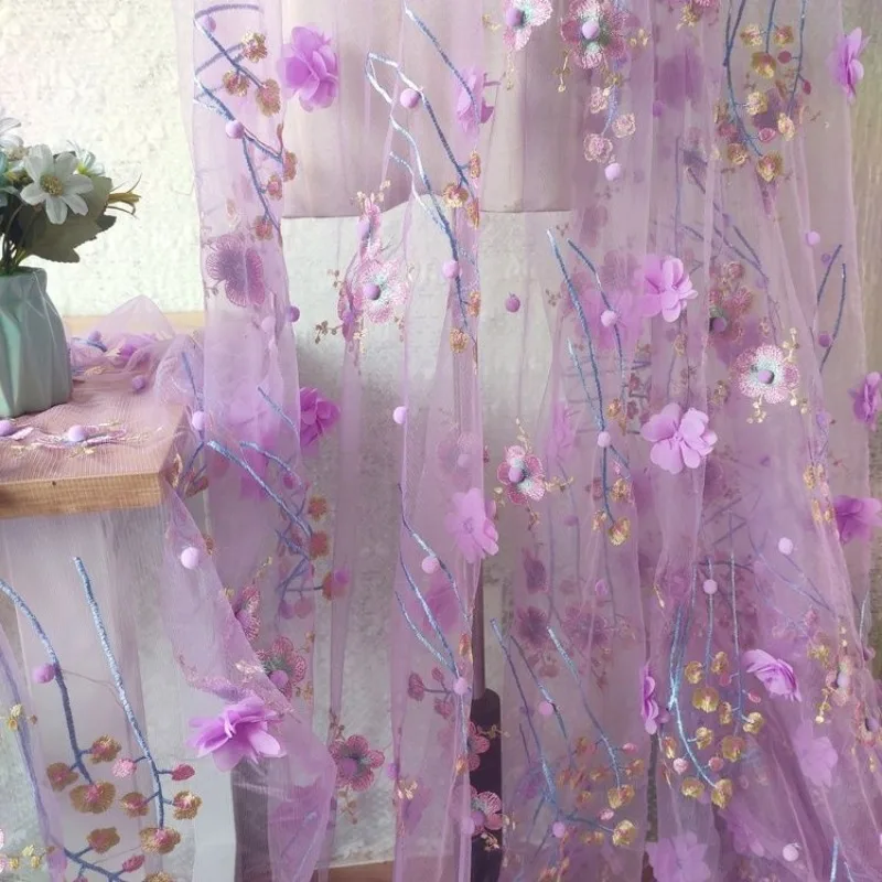 Purple Flower Mesh Fabric DIY Handmade Clothing Material Embroidery Sweet Fairy Dress Fabrics Curtain Tablecloth Accessories Ins