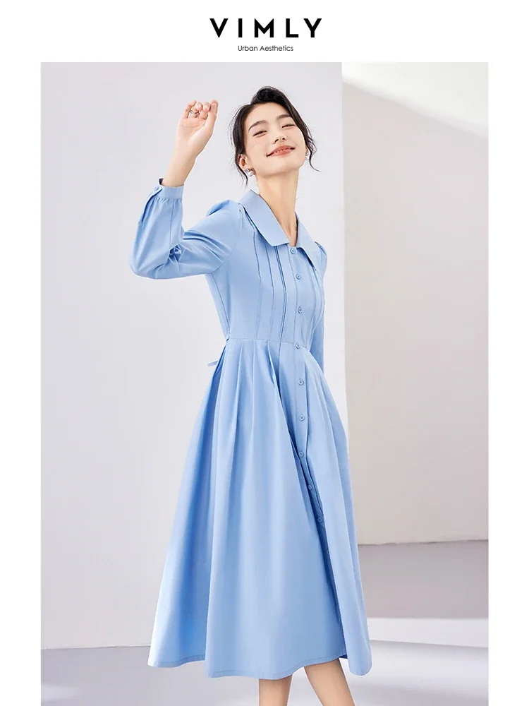 Vimly Cotton 100% Women\'s Blue Button Up Shirt Dresses 2023 Autumn Fashion A-line Lapel Long Sleeve Elegant Midi Dress M2917