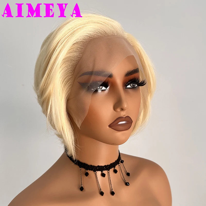 AIMEYA 613 Blonde Short Wigs Natural Looking Pixie Cut Wig Heat Resistant Synthetic Hair Lace Front Wig Daily Use Cosplay Party