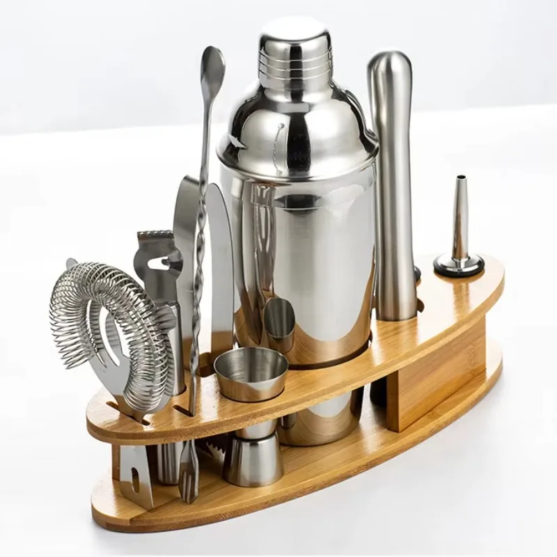 

Bar Tool Set Drink Mixer Bamboo Stand Stainless Steel Wine Set Novelty Bartender Cocktail Shaker Kit