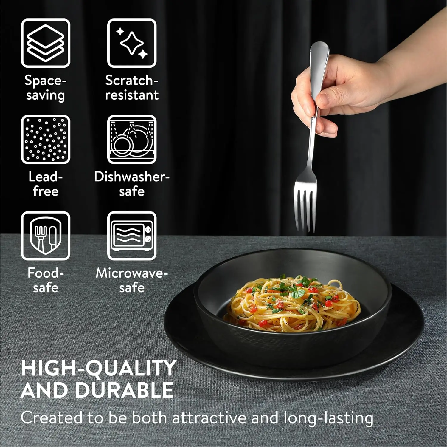 リネン職人石器食器セット（18点）- 食器洗い機＆電子レンジ対応プレート＆ボウル（6人用、ディナープレート、サイドプレート付き）