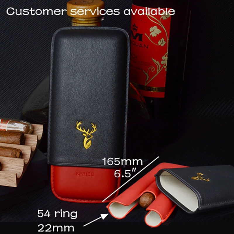 54 Ring Leather Cigar Case Black Red Cigar Holder 3 Tubes Mini Cigar Box 6.5
