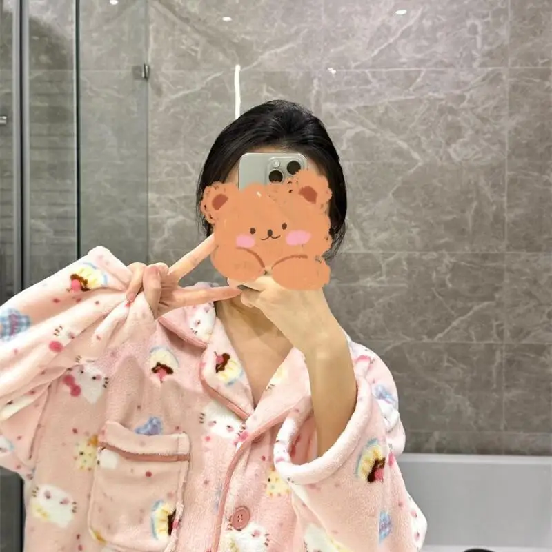 

Hello Kitty Pajama Set Women Coral Fleece Cotton Padding Thickened Fleece Lined Home Loungewear Warm Autumn Winter Nightwear Set