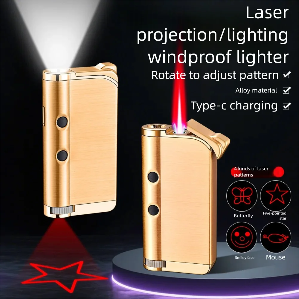 Multifunctional Windproof Red Flame Lighter with LED Light & Laser Pointer, Creative Lighter for Pets Playing & Meeting