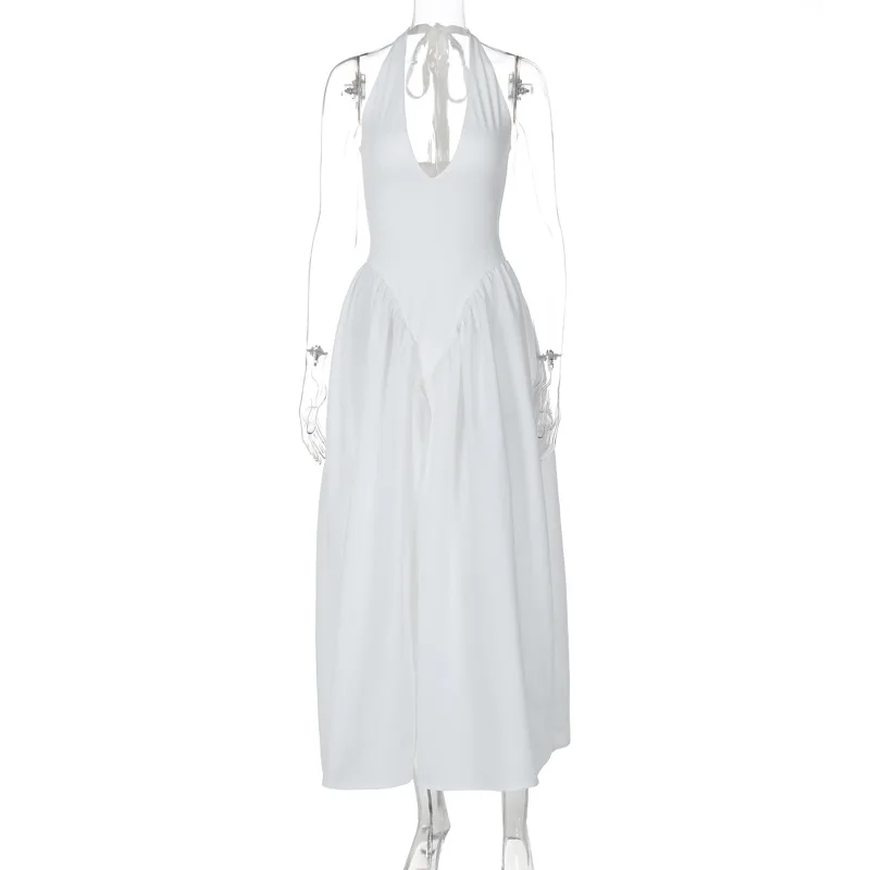 섹시한 단색 딥 V 홀로우 아웃 네일린 미디 드레스 여성용 패셔너블 스커트 헴라인 행잉 네일린 여름 폴리에스터