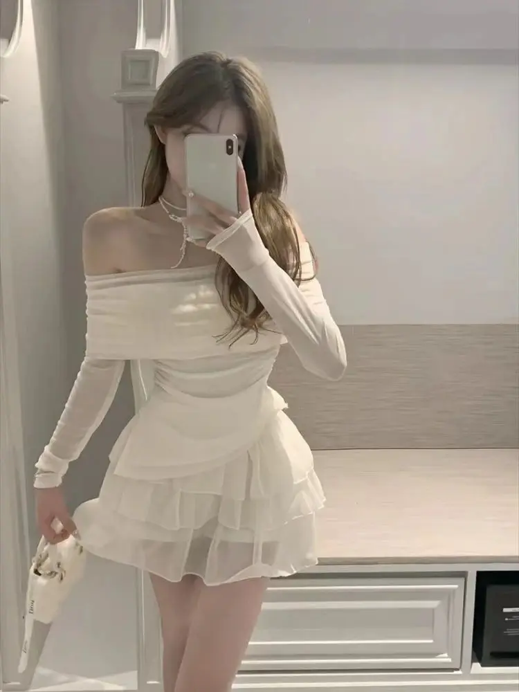 

Frence Fairy New Two Pieces Set 2024 Women Slash Neck Elegant Slim Party Skirt Suit Female Korean Sexy Tops + Sweet Cake Skirts