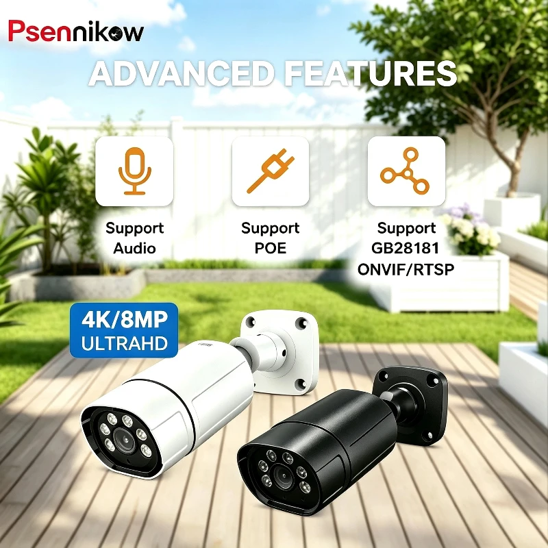 Psennikow IPC 4K 8MP 180° Wide Angle PoE IPC Camera Outdoor Bullet Security Camera HD 1.8mm Wide Angle Fisheye Lens Night Vision