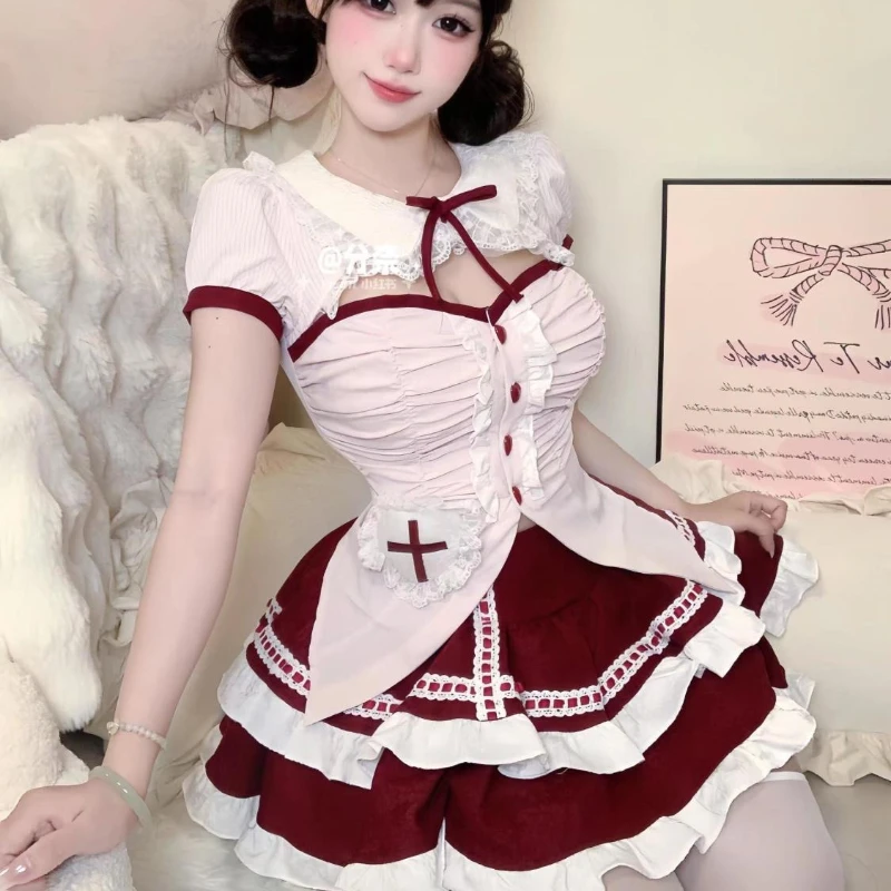 

Y2k Sweet Lolita Style Kawaii 2 Piece Set Women Design Cute Bow Tops + Puffy Skirt Harajuku Fashion Korean Cosplay Party Outfits