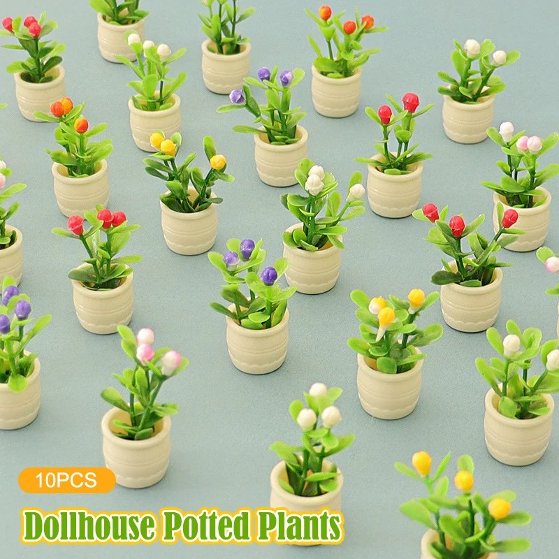 10Pcs 1/12 Dollhouse Flower Plant Potted Model Mini Garden Decoration Dolls House Accessories Micro Landscape Ornament