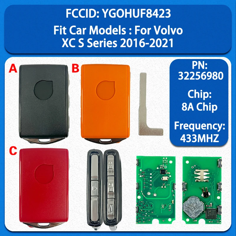 

CN050002 Aftermarket Smart Key 4 Buttons 433MHZ 8A Chip FCC YGOHUF8423 PN 32256980 Keyless Go For Volvo XC S Series 2016-2021