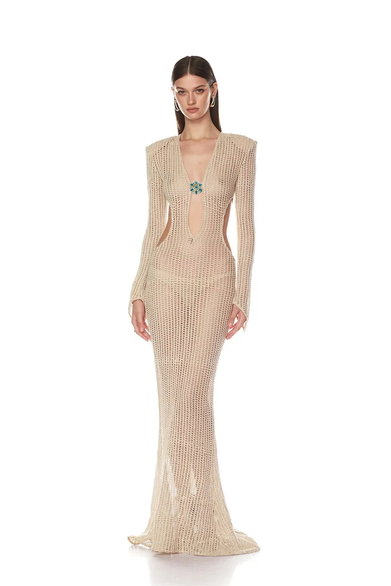 

Beige Crystals Prom Dress Sexy V Neck Full Sleeves Hollow Long Mermaid Party Gown Beach Holiday Formal Wedding Birthday Robe