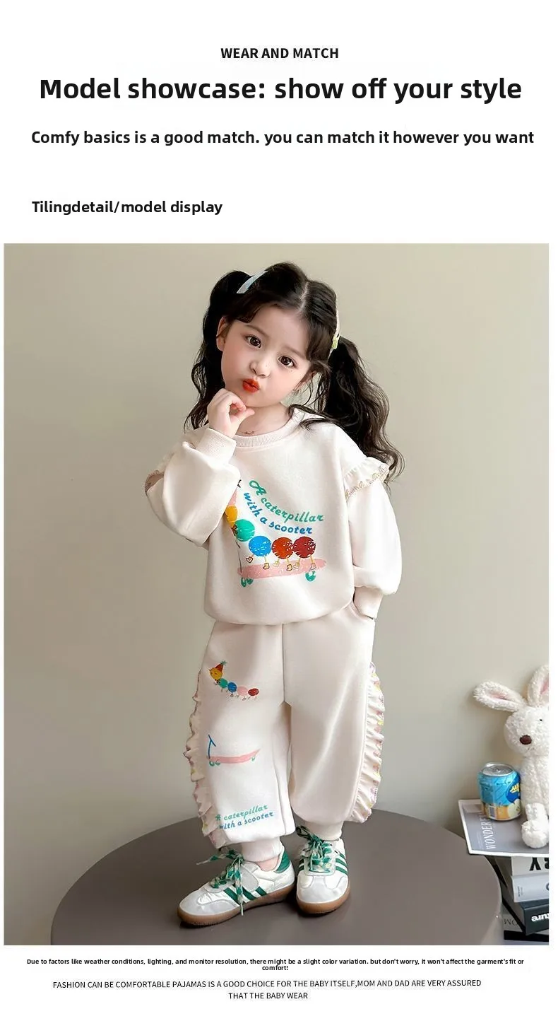 1-8 Jahre Kinder Mädchen Beige Hosen-Sets Cartoon-Muster Langarm Lose Geraffte Pullover-Hoodies + Elastische Taille Weite Hosen 2-teilige Sets – Detail 8