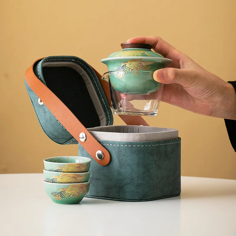 

Chinese style travel tea set, celadon covered bowl, fast guest cup, portable Kung Fu tea maker set, one pot, three cups