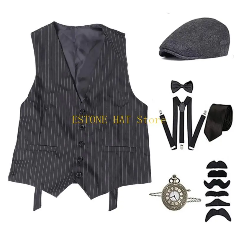 49MF 1920s Mens Costume Roaring 20s Outfit Accessories 1920s Men Mafia Costume 20s Gangsters Vest Hat Pocket Watch Suspenders