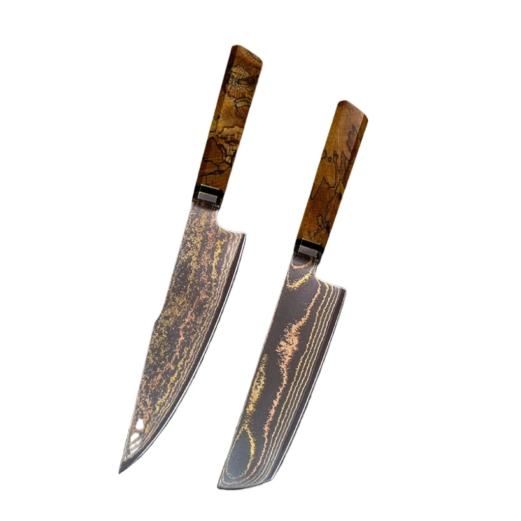 

RHON Tricolor Copper Damascus Steel Kitchen Knives Premium Meat Cleaver Chef 's Japanese Vegetable Cutting Knives Wooden Handle