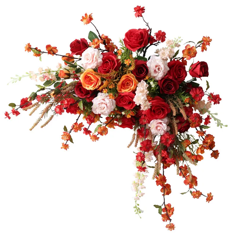 Hochzeits-Hintergrunddekoration, hängende Tischdekoration im chinesischen Stil, orange-rot-grüne Blätter, Blumenarrangement für Veranstaltungen, Bodenblumenball – Detail 5