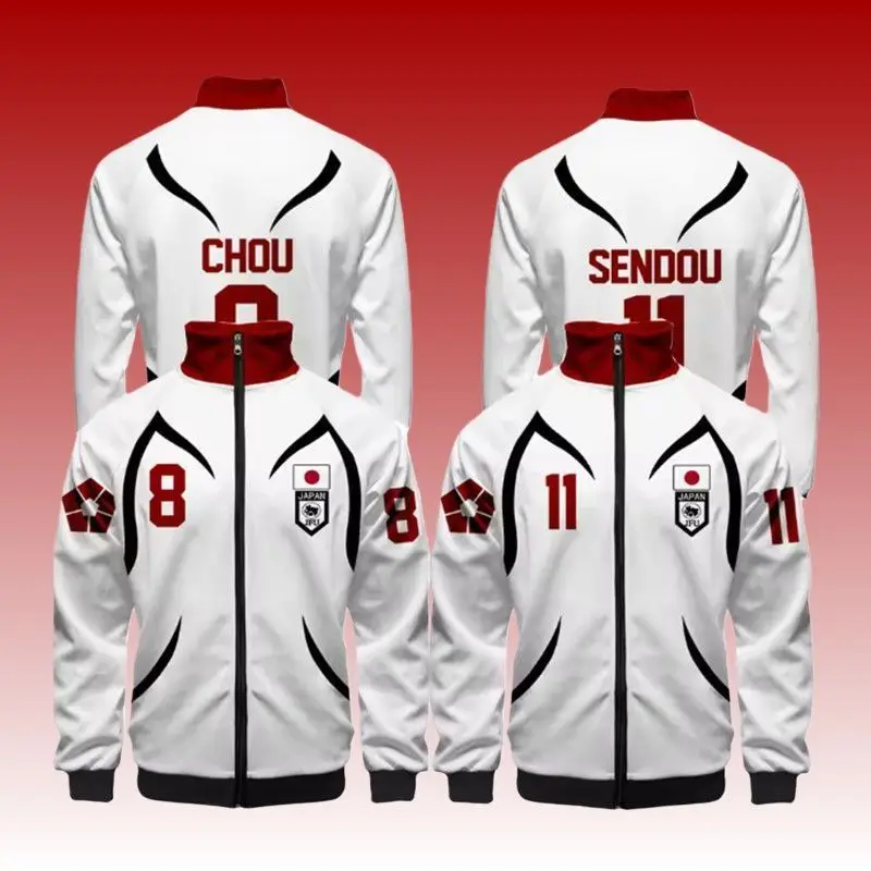 2026 New Spring and Autumn Coat Anime Blue Lock Munchen Yoichi Isagi Zipper Sports Coat White Jacket Stand Up Collar Sportswear