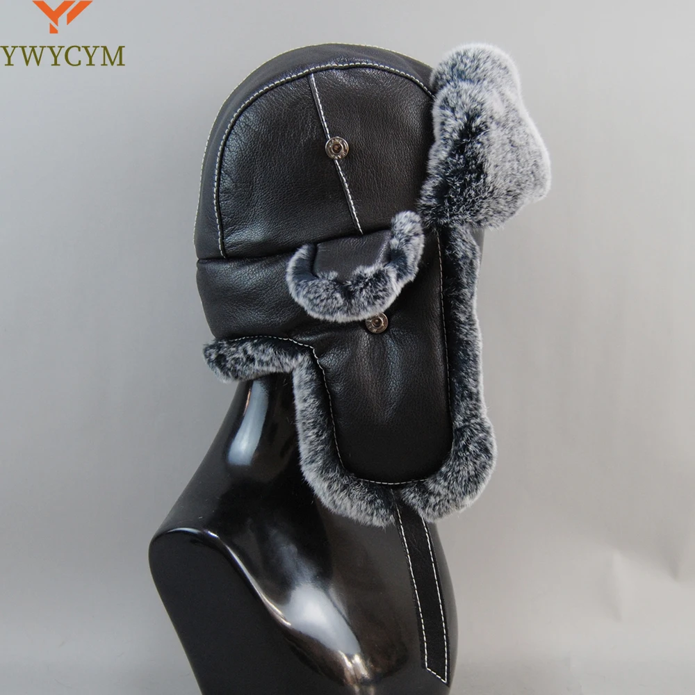 

New Arrival Winter Russian Man Warm Real Sheepskin Leather Hat Male Real Fur Caps Men 100% Natural Rex Rabbit Fur Bomber Hats