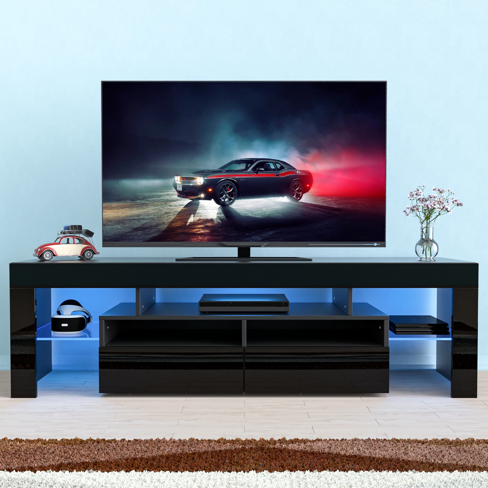 71IN LED TV Stand for 75/70/65 inch TV Modern Black Stand for Living Room with Storage Drawers High Gloss TV Cabinet