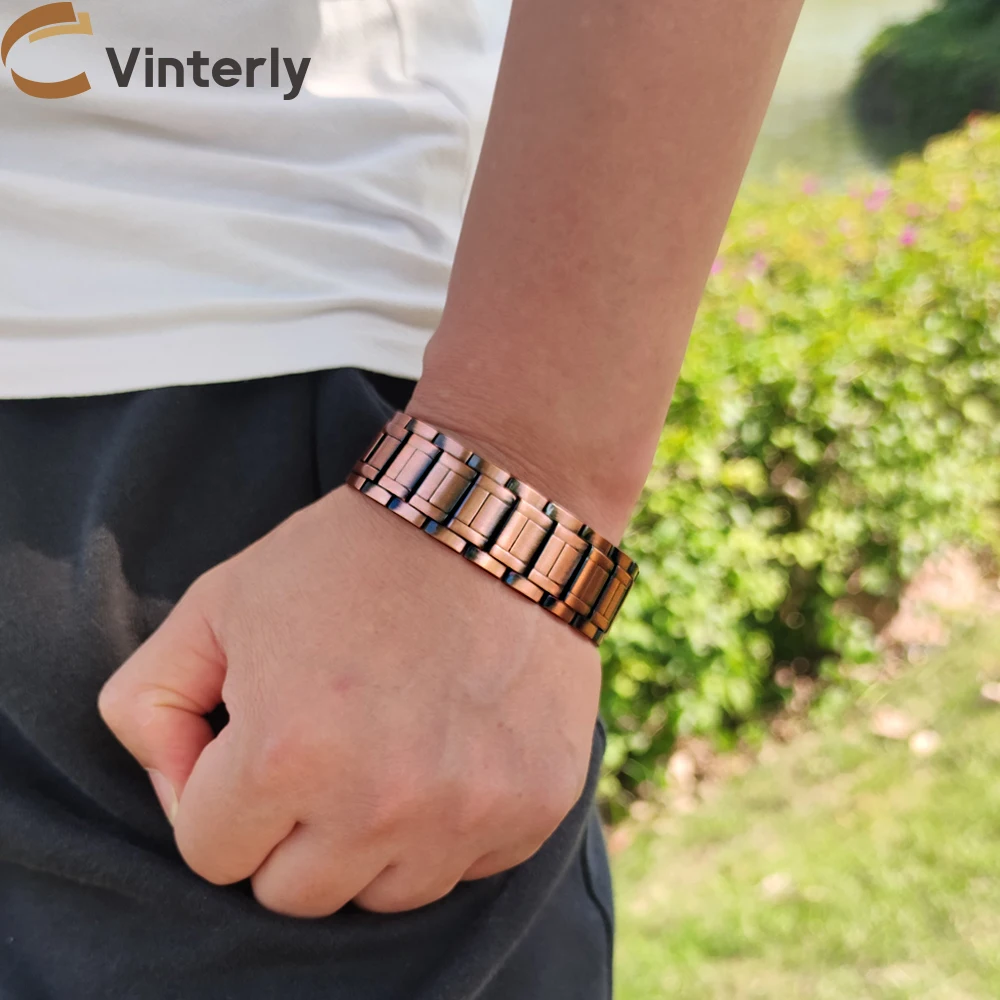 Vinterly Wristband Magnetic Bracelet Male 23cm Pure Copper 21mm Wide Chain Link Metal High Magnet Health Energy Jewelry for Men