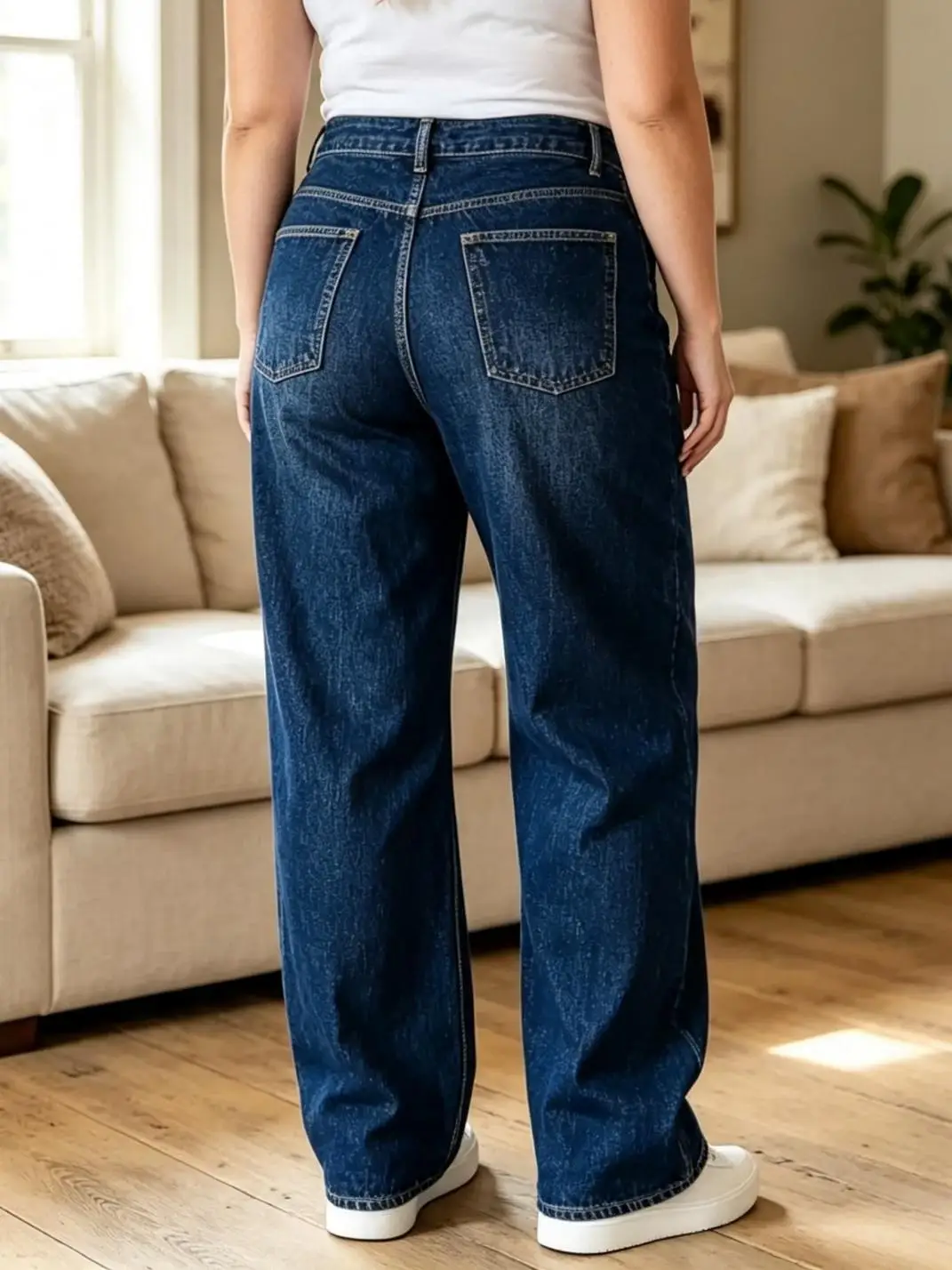 【HME】Jeans | Women High‑Rise Lantern Baggy Wide Leg Denim Pants, Dark Blue Special Shimmer Stone‑Wash Jeans, Front Patch Pockets With Contrast Bold Stitching, Heavy Sturdy Fabric Leg‑Flattering, American Retro Workwear Casual Pants