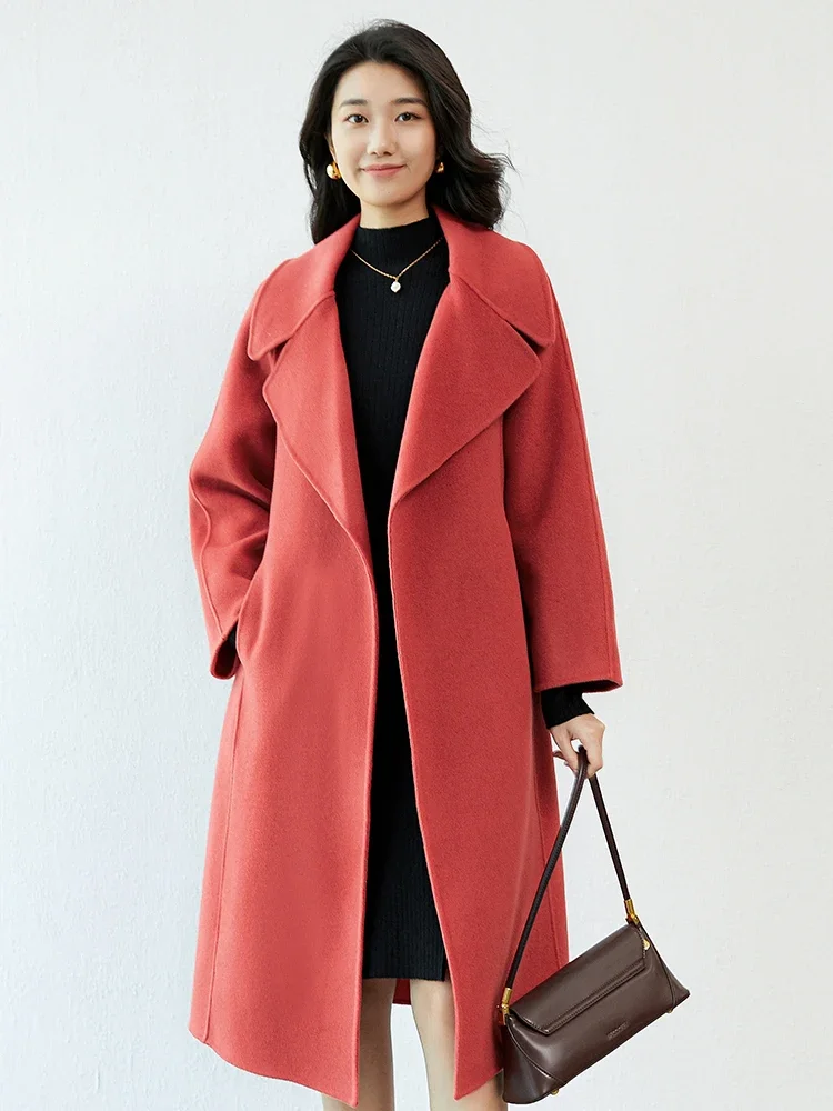 Women's Double Sided Cashmere Coat, Loose Hepburn Style, Over Knee High-end Woolen Coat, Medium Length, Autumn and Winter, New