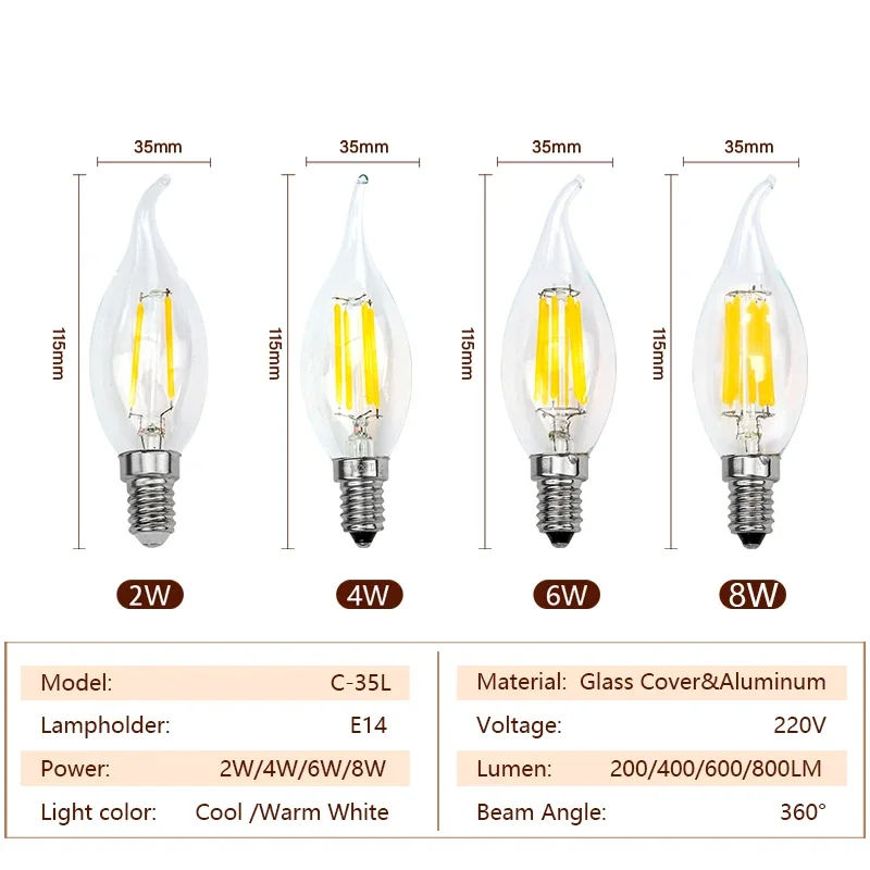 레트로 에디슨 E14 LED 필라멘트 전구 램프, 유리 전구, 빈티지 캔들 라이트, AC 220V-240V, C35, C35L, 2W, 4W, 6W, 8W, 6 개