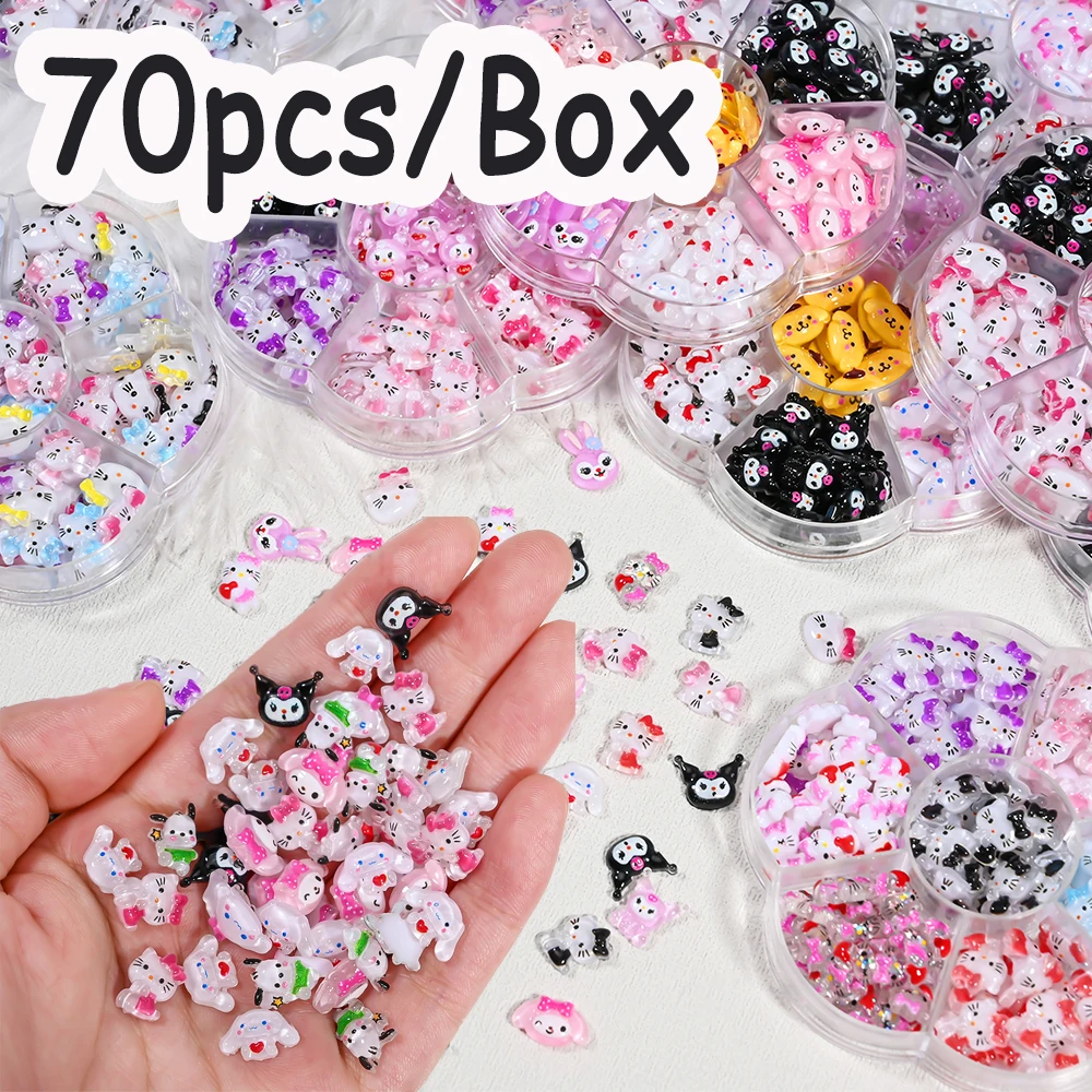 70pcs/Box Sanrio Resin Mixed Nail Decoration 3D Kawaii Hello Kitty-Kuromi Sparkling Flat Back Nail Charms DIY For Manicure Parts