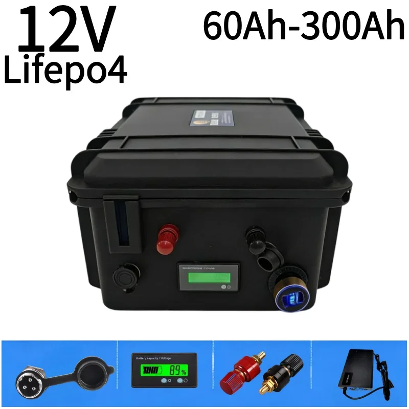 Deep Cycle 12V LiFePO4 Battery 100Ah-300Ah Built-in BMS 1000W Trolling Motor Solar RV Off Grid Camping Power Supply High Capacit
