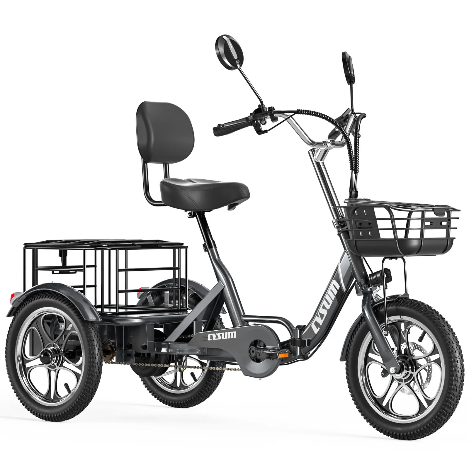CYSUM T1 Pro elektrische driewieler, driewielige elektrische fiets, 16 inch vracht-driewieler e-bike & ruime capaciteit 48V 22Ah accu elektrische fiets met trapondersteuning, bereik 120-150 km