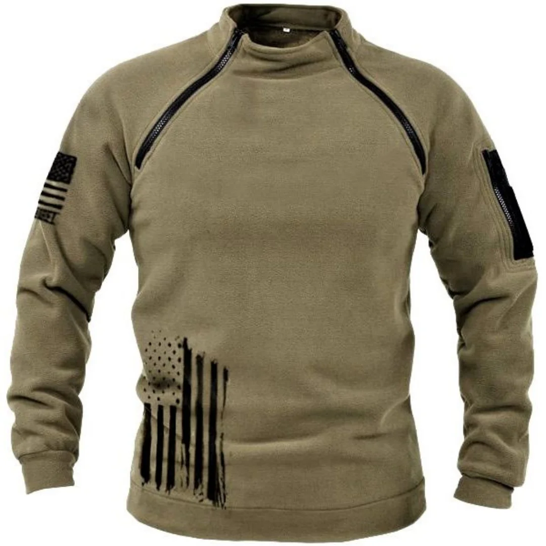 Mens Tactical Stand Collar Sweater Double Zipper Raglan Vertical USA Flag Long Sleeve Top
