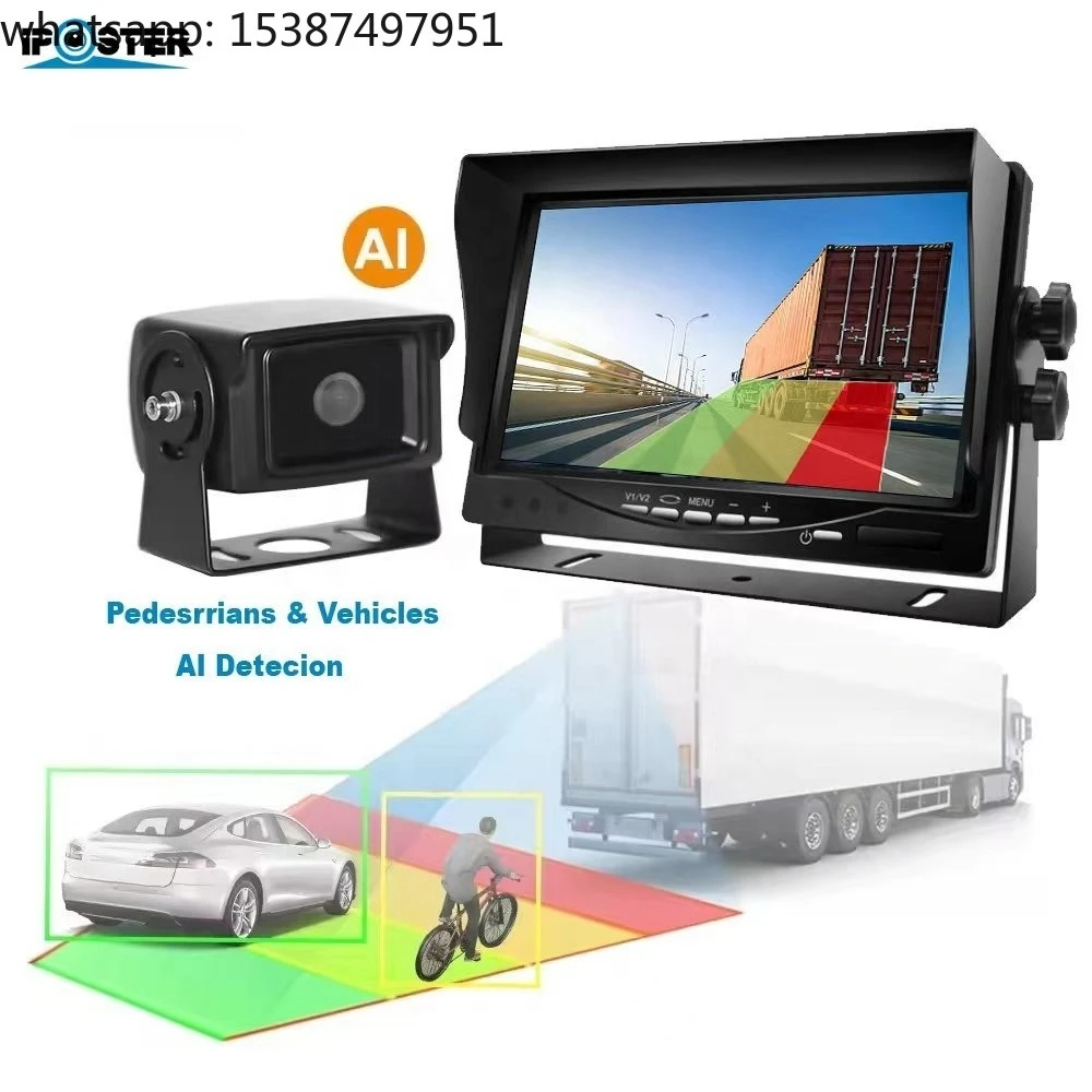 IPoster 7in AHD 4ch Monitor Rear View Backup Reverse 1080P AI Camera with Smart Blind Spot Detection for Pedestrians Vehicle Kit
