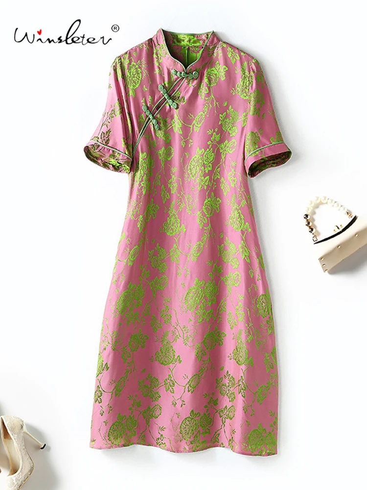 

Winsleter-Women's 45%Silk 55%Rayon Elegant Dress, Stand Loose Waist Jacquard, Retro Temperament Dresses, 2025 Summer D56941CC