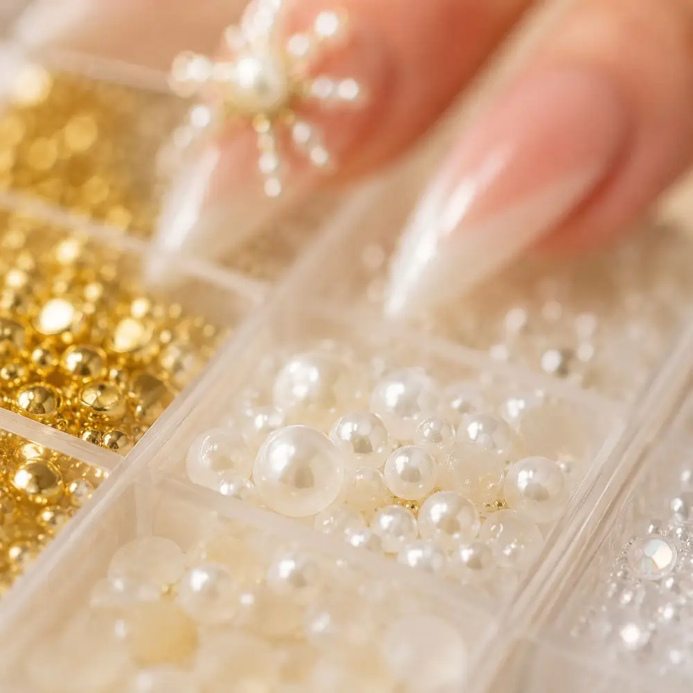 12 Grids Multi‑Size Mixed Nail Beads Kit White Half‑Pearl Metal Rice Caviar Beads Rivet Charms For 3D Effect Manicure Nail Decor