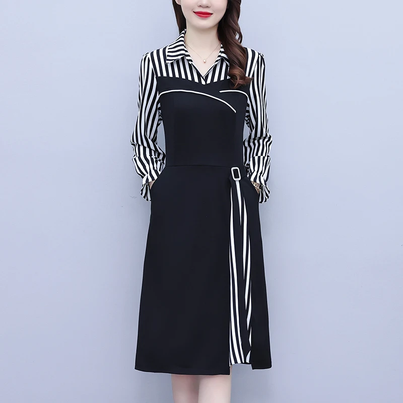 

#8028 False Two Piece Shirts Dress Women Split Joint Long Sleeve Striped Asymmetrical Office Dress Elegant France Style Spring