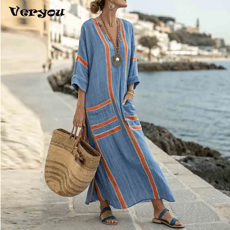 

Summer Trendy Loose Long Sleeve Party Dress Women Beach Holiday Maxi Dresses Plus Size Robe Casual Beach Cover up
