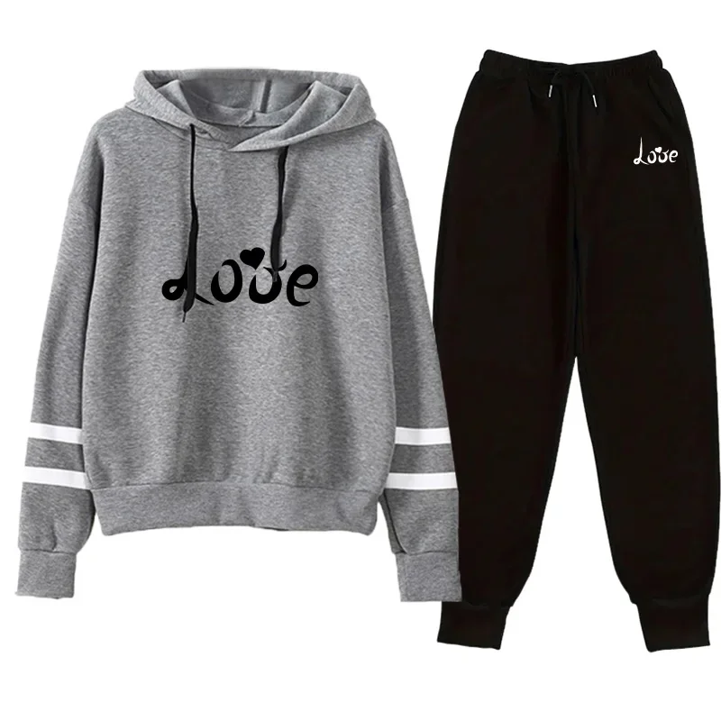 2025 Hot Sale Womens Tracksuit Hooded Sweatshirt Black Sweatpants Love Print Hoodie Jogger Set Autumn Winter Casual Sport Outfit