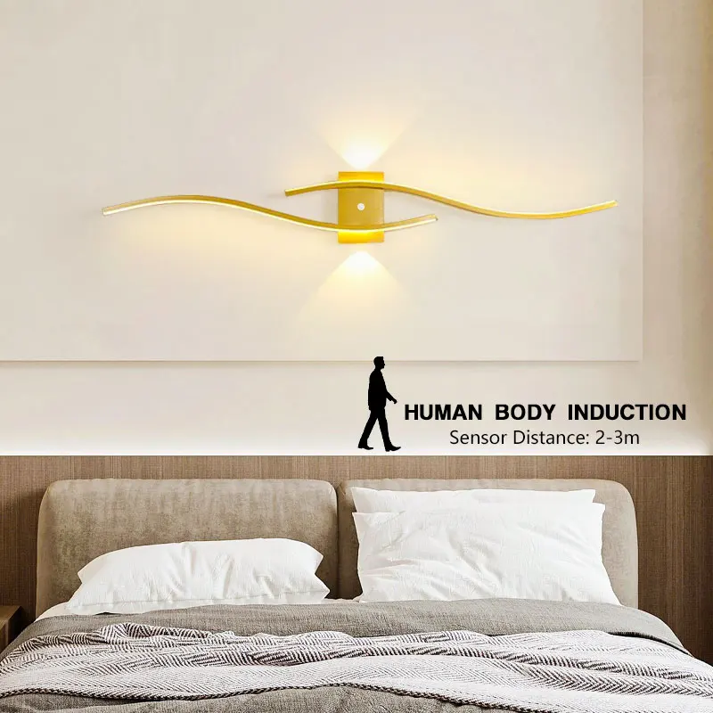 Interior PIR Motion Human Sensor LED Wall Lights Minimalist Induction Wall Lamps Black Wall Sconces For Bedroom Living Room Home