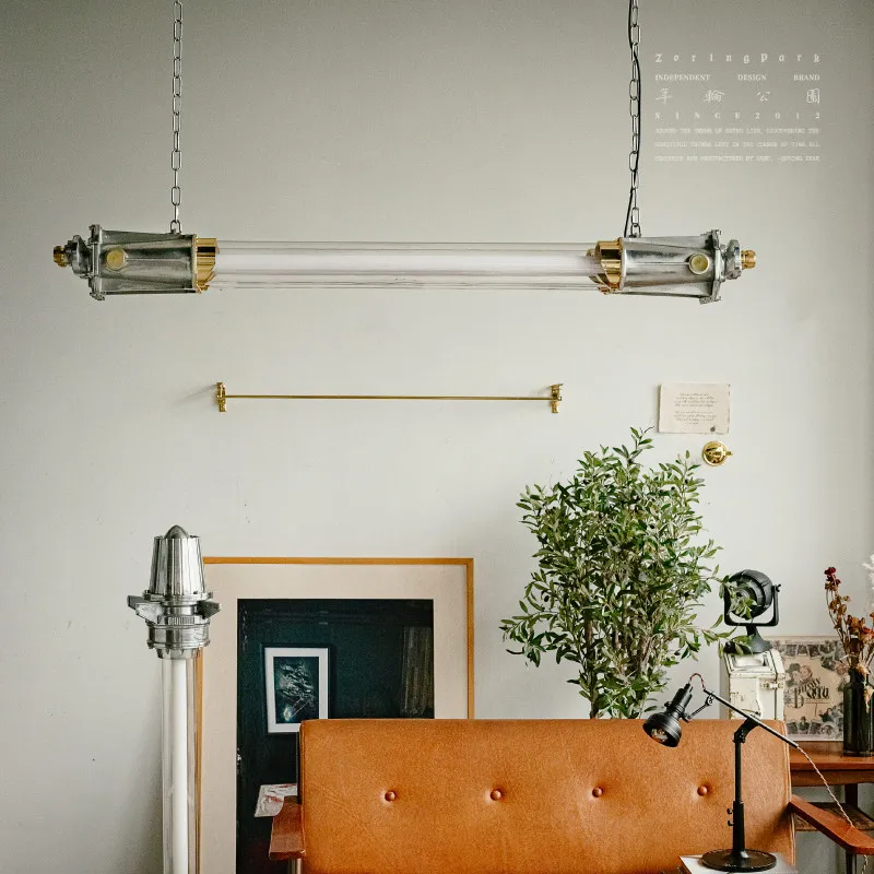 Home shop, double tube cast aluminum fluorescent lamp, vintage studio showroom chandelier